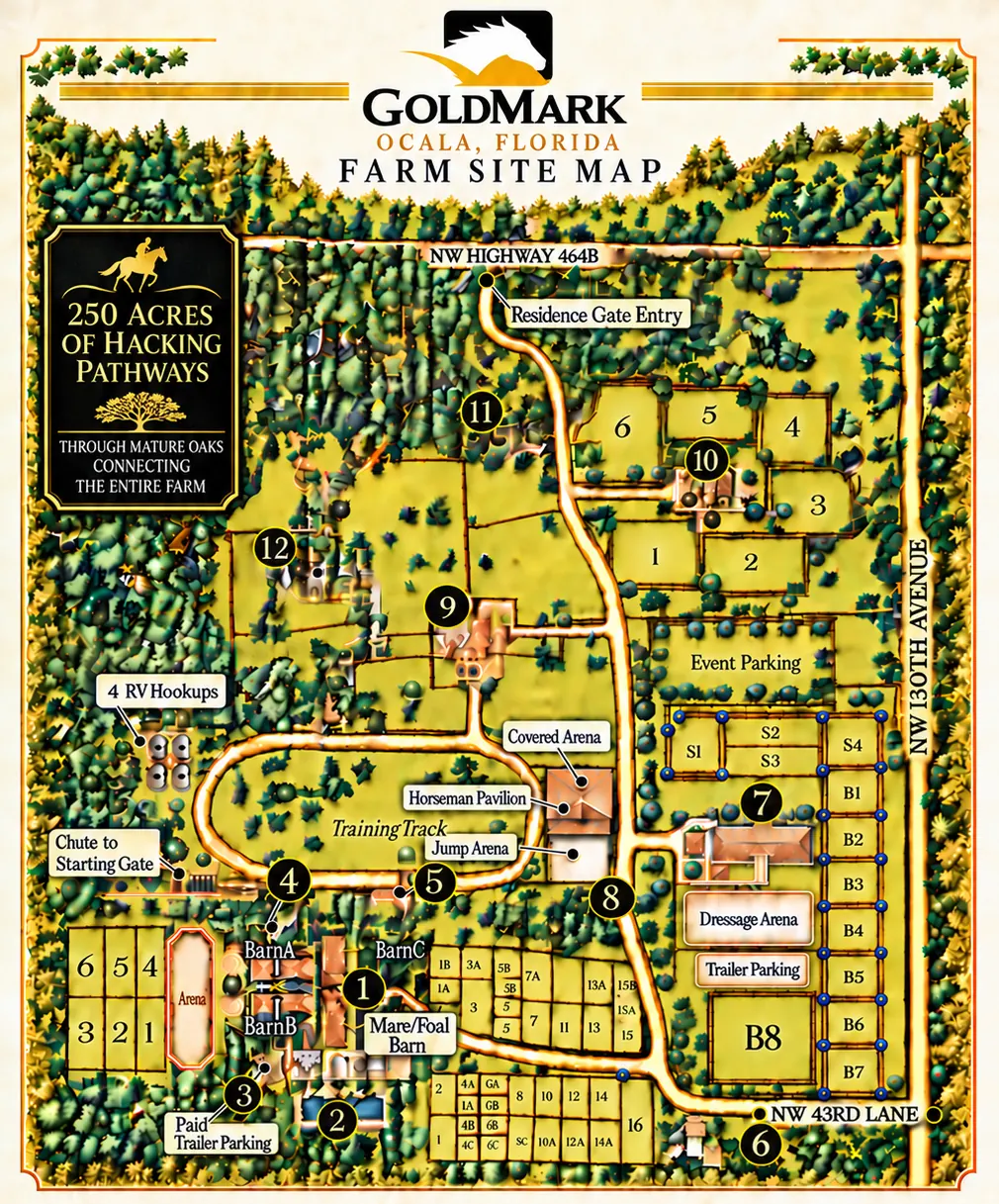 Official GoldMark Farm site map with numbered markers for each facility