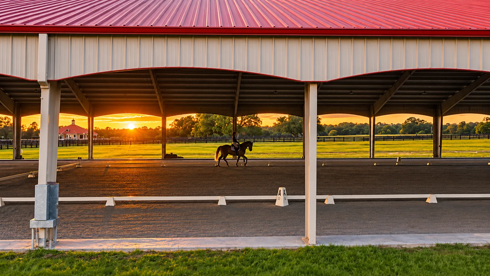 A rider on a bay horse inside the covered GoldMark arena at golden hour, open bays looking out over sunlit pastures