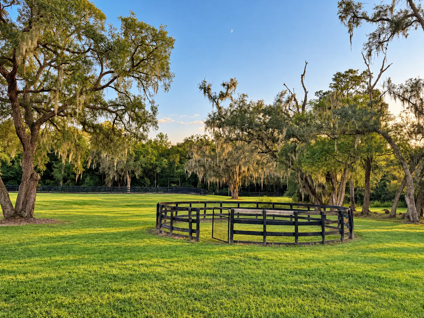 A round wooden exercise pen with a small metal gate set in an open pasture beneath moss-draped oaks, lit by low golden-hour sun