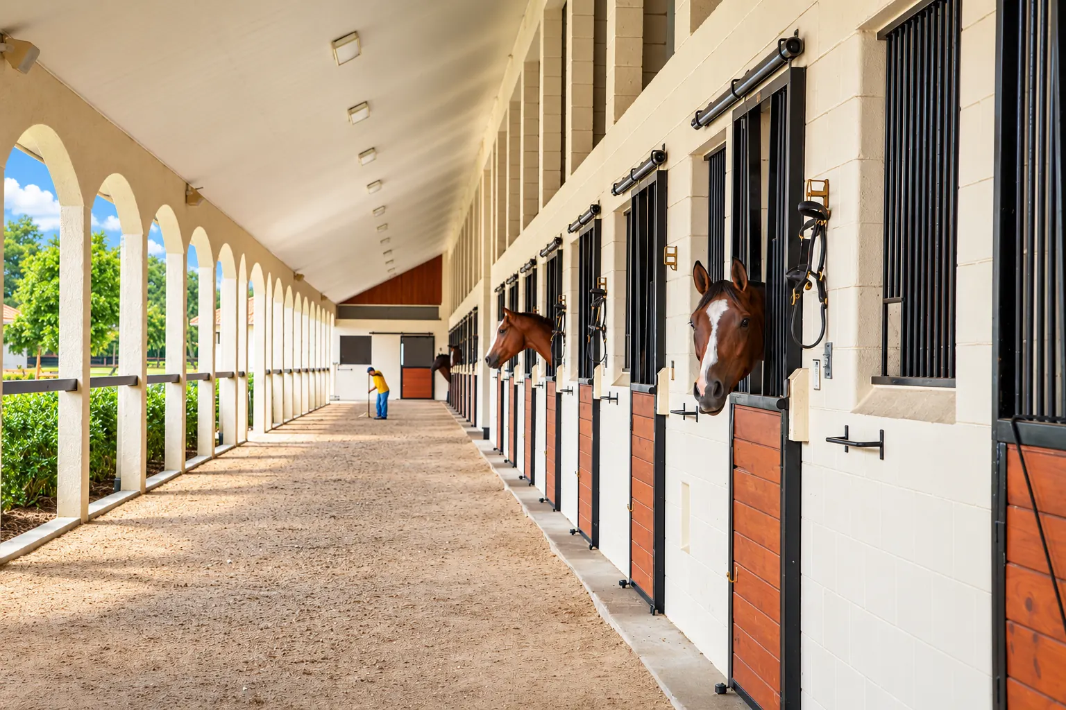 Horses resting their heads over stall doors along a bright covered barn aisle, a worker sweeping the brick walk beyond