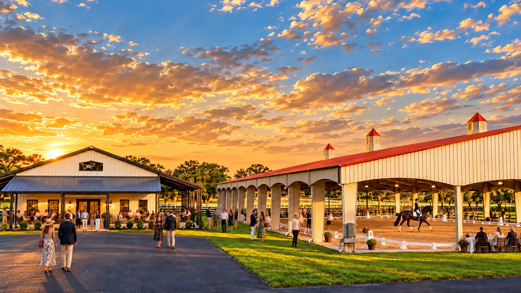 An evening dressage performance before seated guests at the covered arena, the clubhouse and colonnade beyond