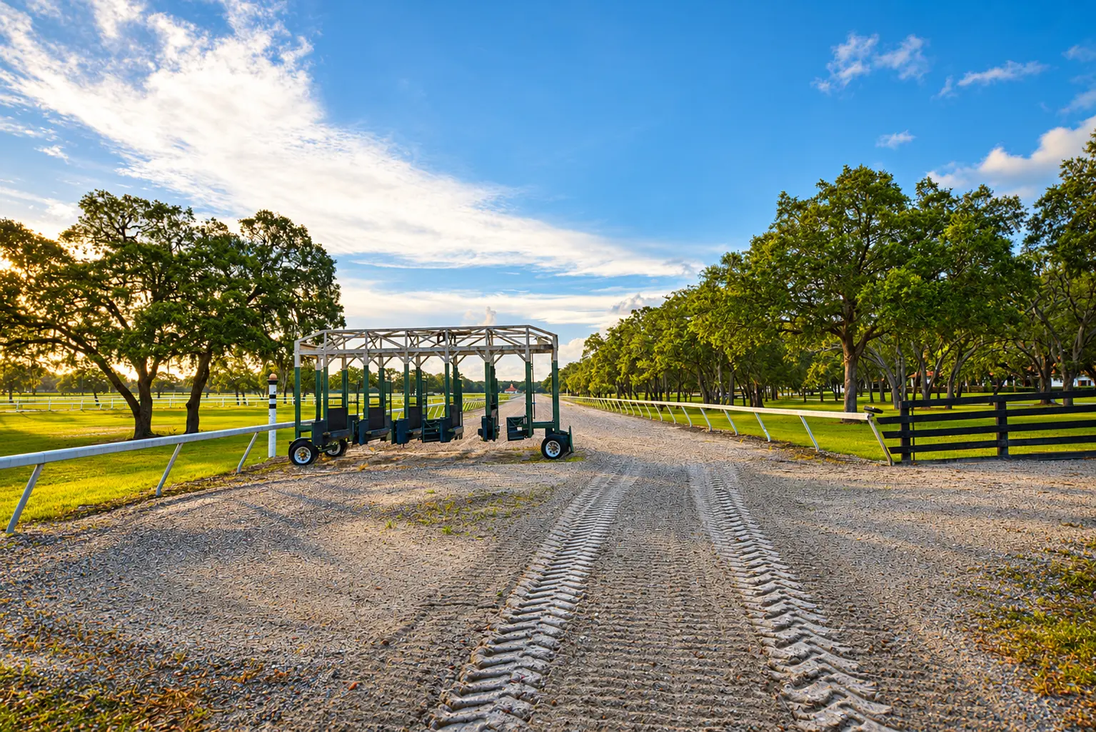 The starting gate parked beside the training track in golden morning light