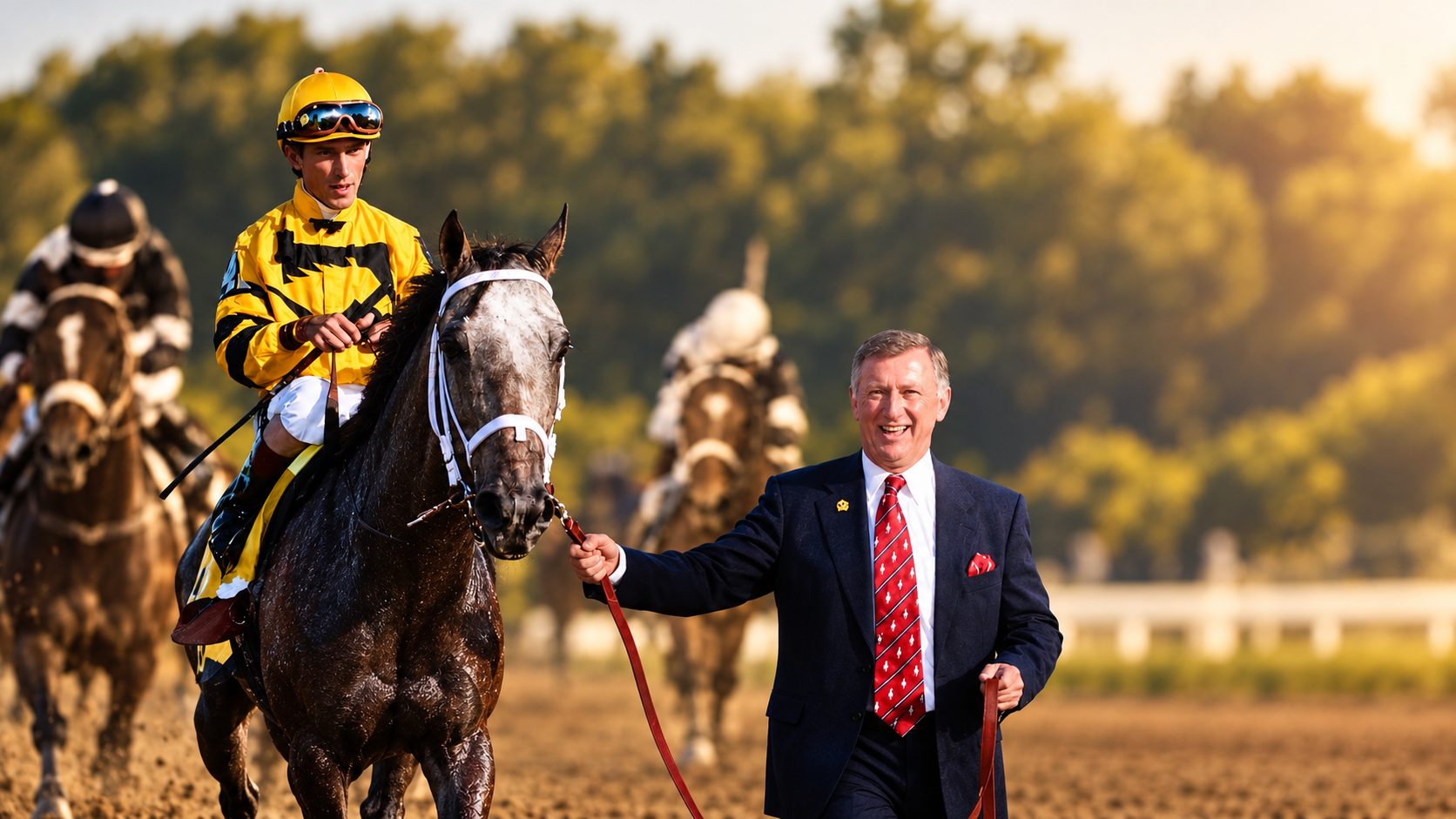 A jockey in yellow and black silks aboard a dark racehorse with a white blaze, led along the track by the founder in a navy suit and red tie, with racehorses running in the background