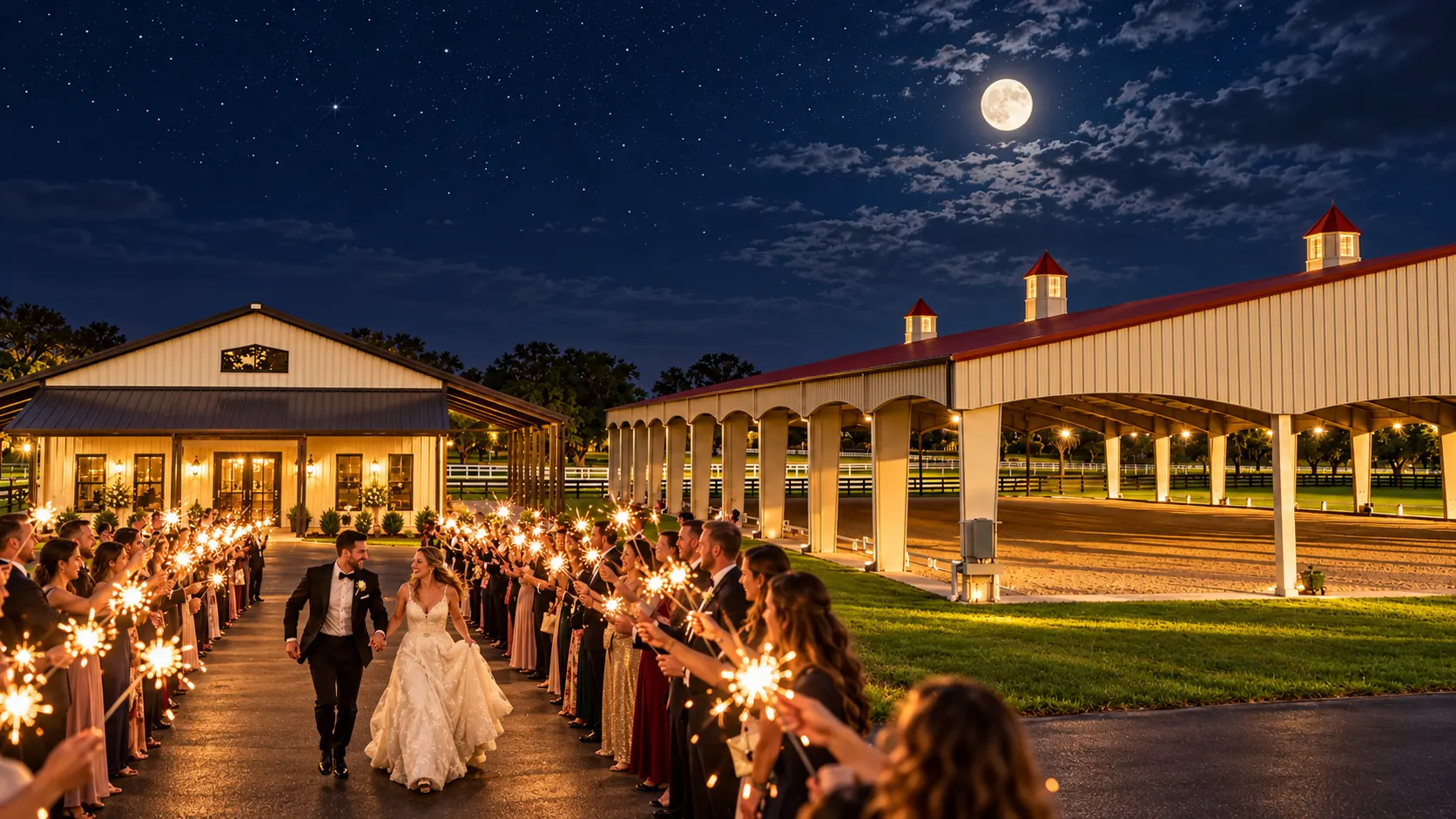 A wedding sparkler send-off down the estate drive at night, guests lining the path with sparklers, the lit pavilion and reception barn beyond