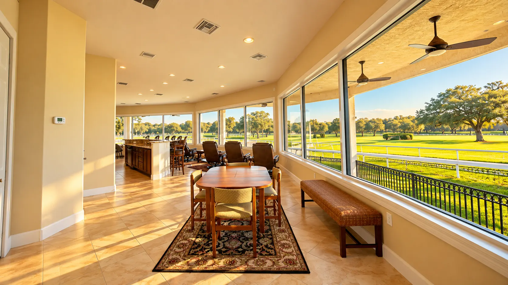 The apartment above the grand viewing stand: a lounge and dining room with a wide bank of picture windows looking over the white-railed track and oak-dotted lawns, a dining table on an oriental rug, leather recliners angled to the windows and a bar behind