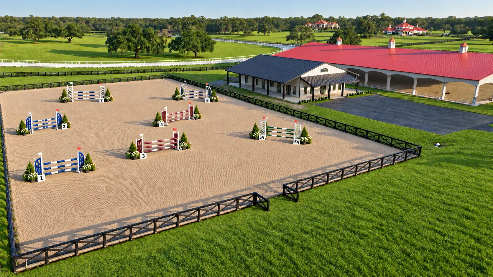 Aerial photo of the GoldMark jumping arena with numbered obstacles, the white clubhouse and the red-roofed covered arena beyond