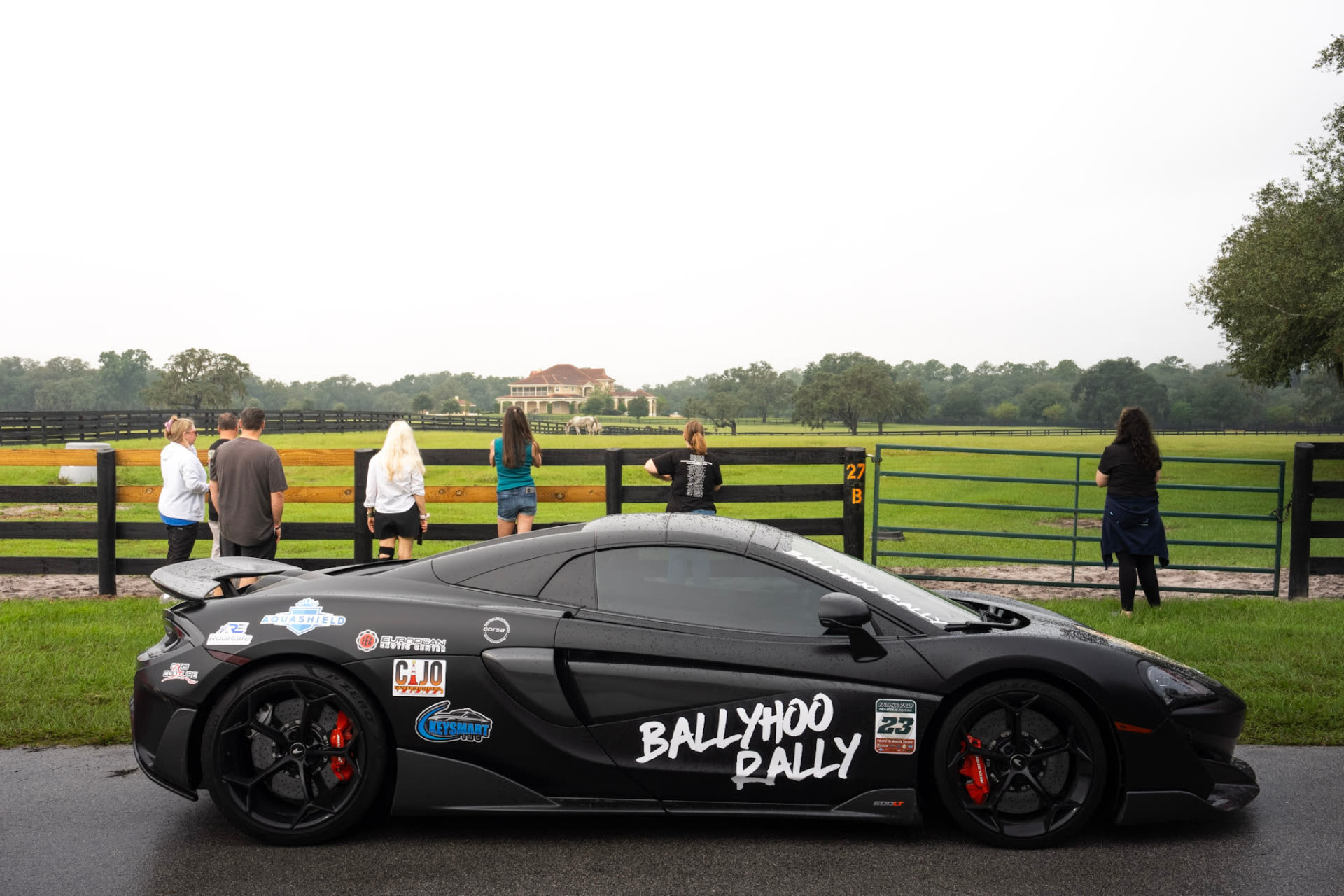 A Ballyhoo Rally supercar parked at the pasture fence with the main house and grazing horses beyond, guests looking on
