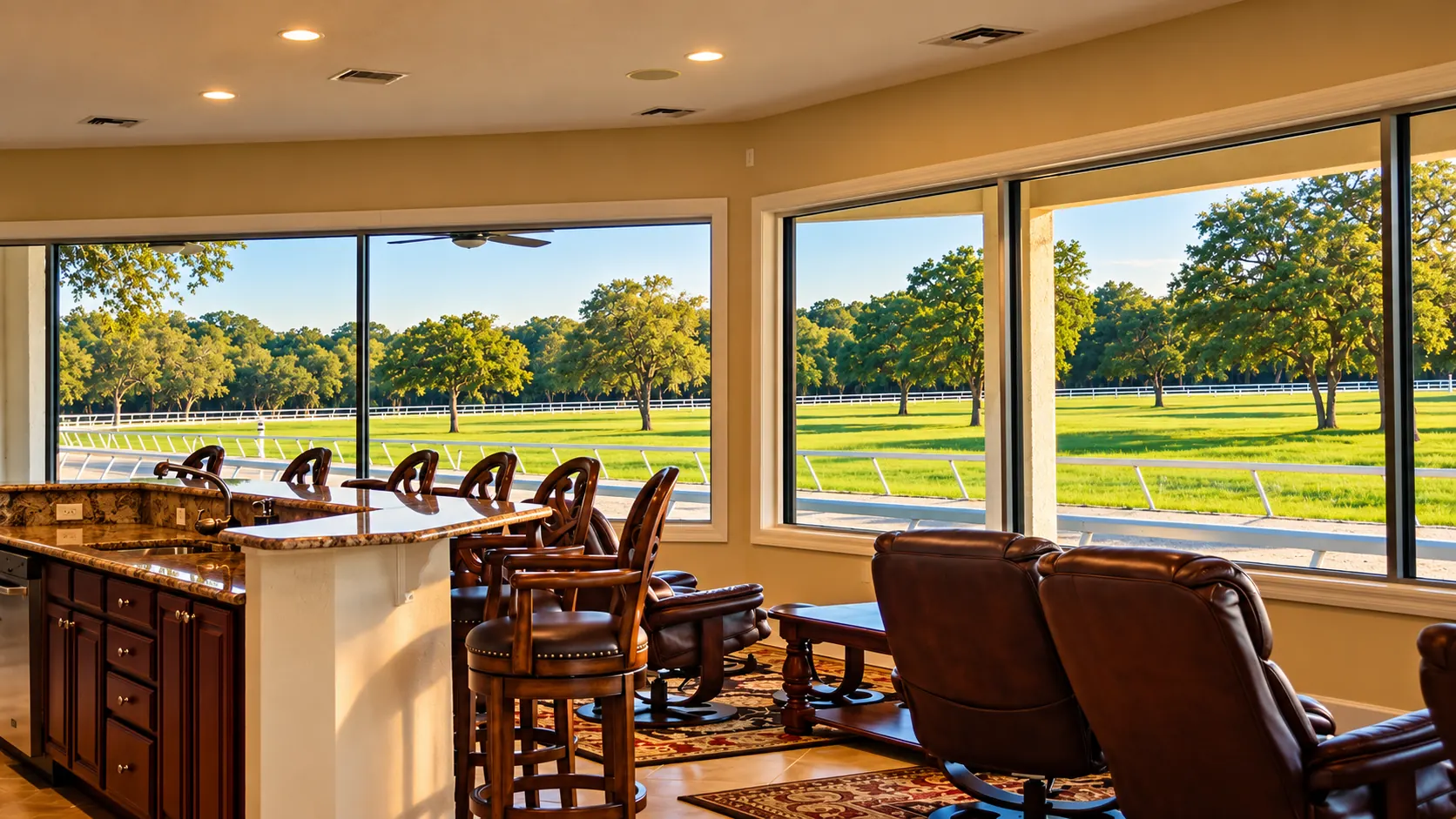 A lounge with a granite-topped bar, wooden barstools and leather chairs before picture windows looking over the white-railed track and oak-dotted pastures in late afternoon light