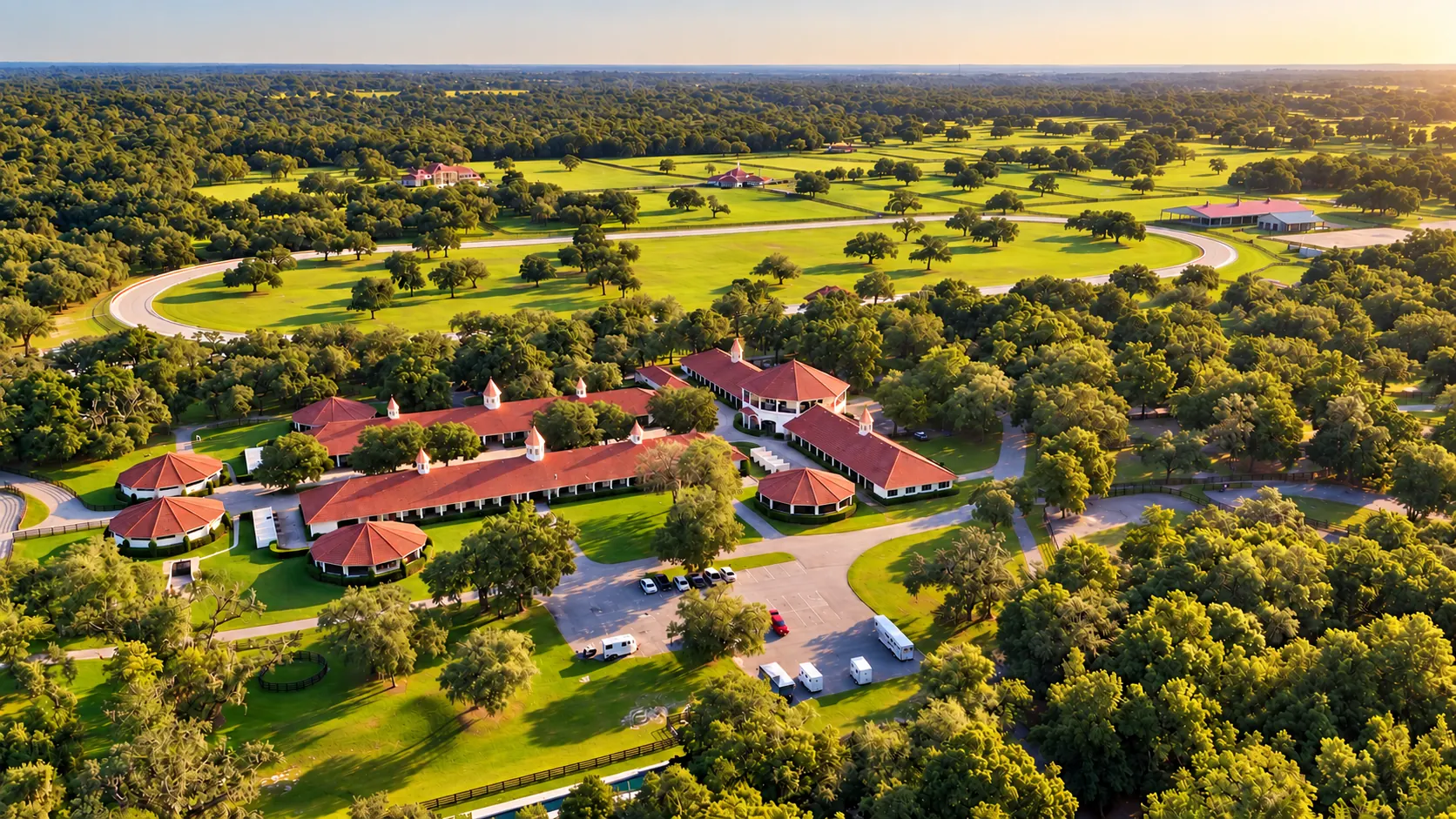 Aerial view of the GoldMark Farm office complex — cream buildings with terracotta roofs set among the oaks, the arenas and white-railed track beyond