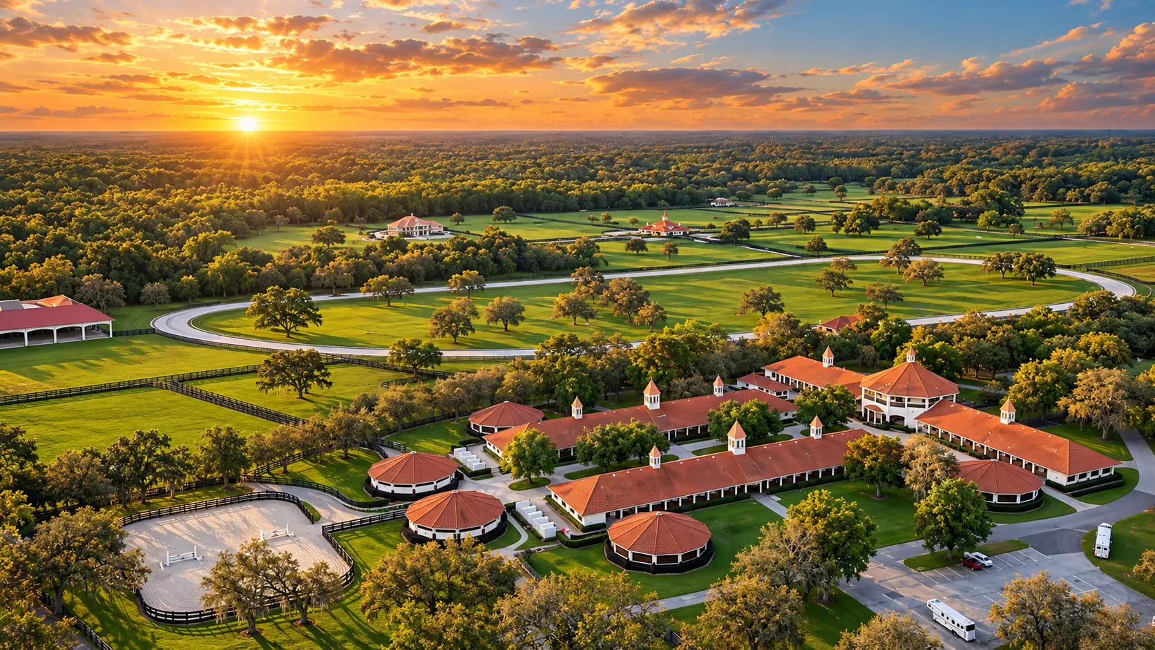 The estate at golden hour from above: the stable complex with its round-pen roofs, the training track looping through oak-dotted pastures, and a jump arena in the foreground.