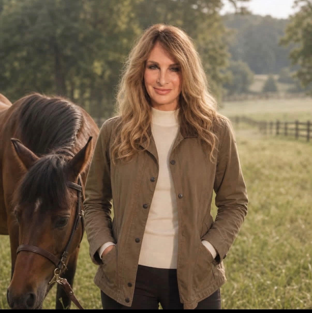 Janelle Bulmahn standing beside a brown horse in a pasture, hands in her jacket pockets, a post-and-rail fence and trees behind her