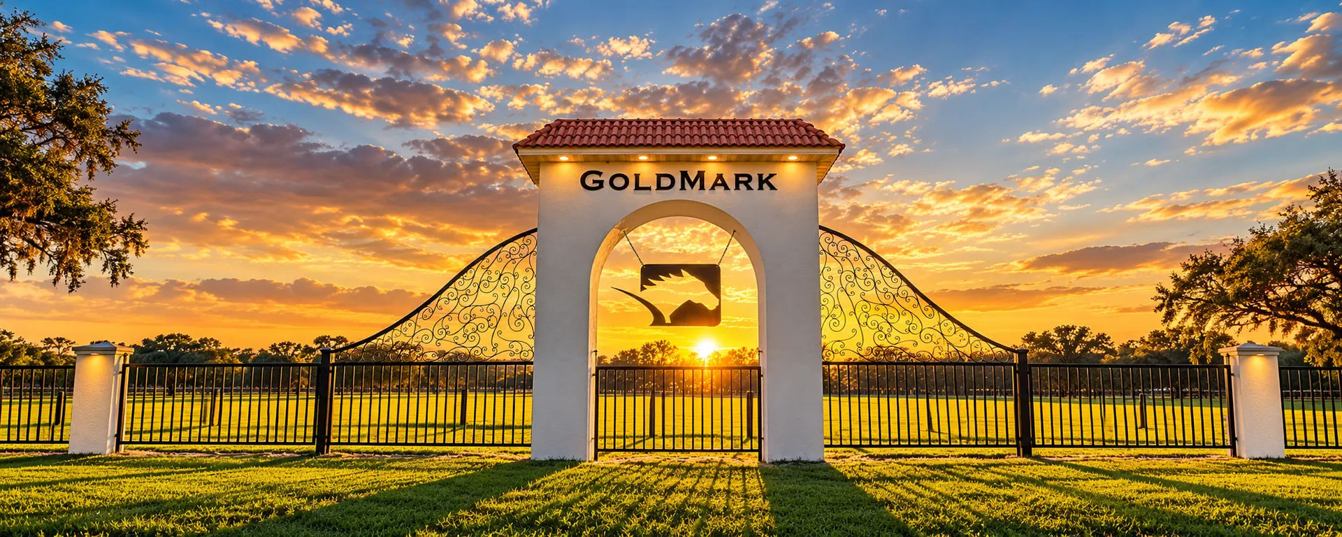 The GoldMark Farm gate at golden hour: a white stucco arch with a terracotta tile roof and black wrought-iron gates, the sun bursting through the center arch above a wide green lawn