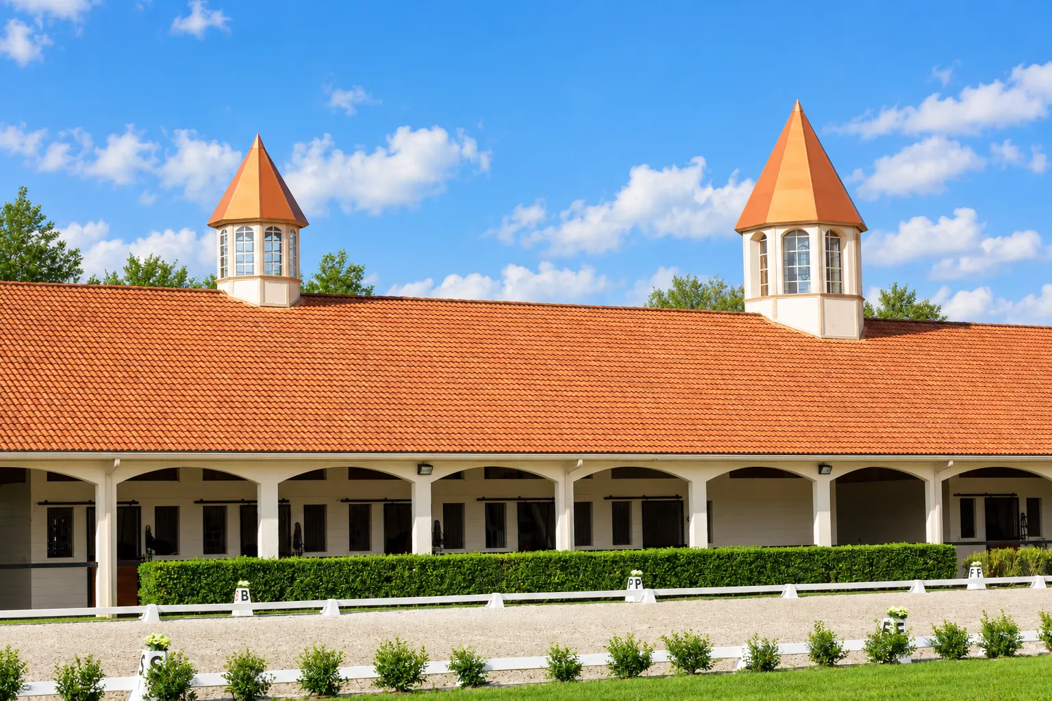 Terracotta tile roof and pointed cupolas above arched stall fronts, with dressage letter posts along the white arena fencing