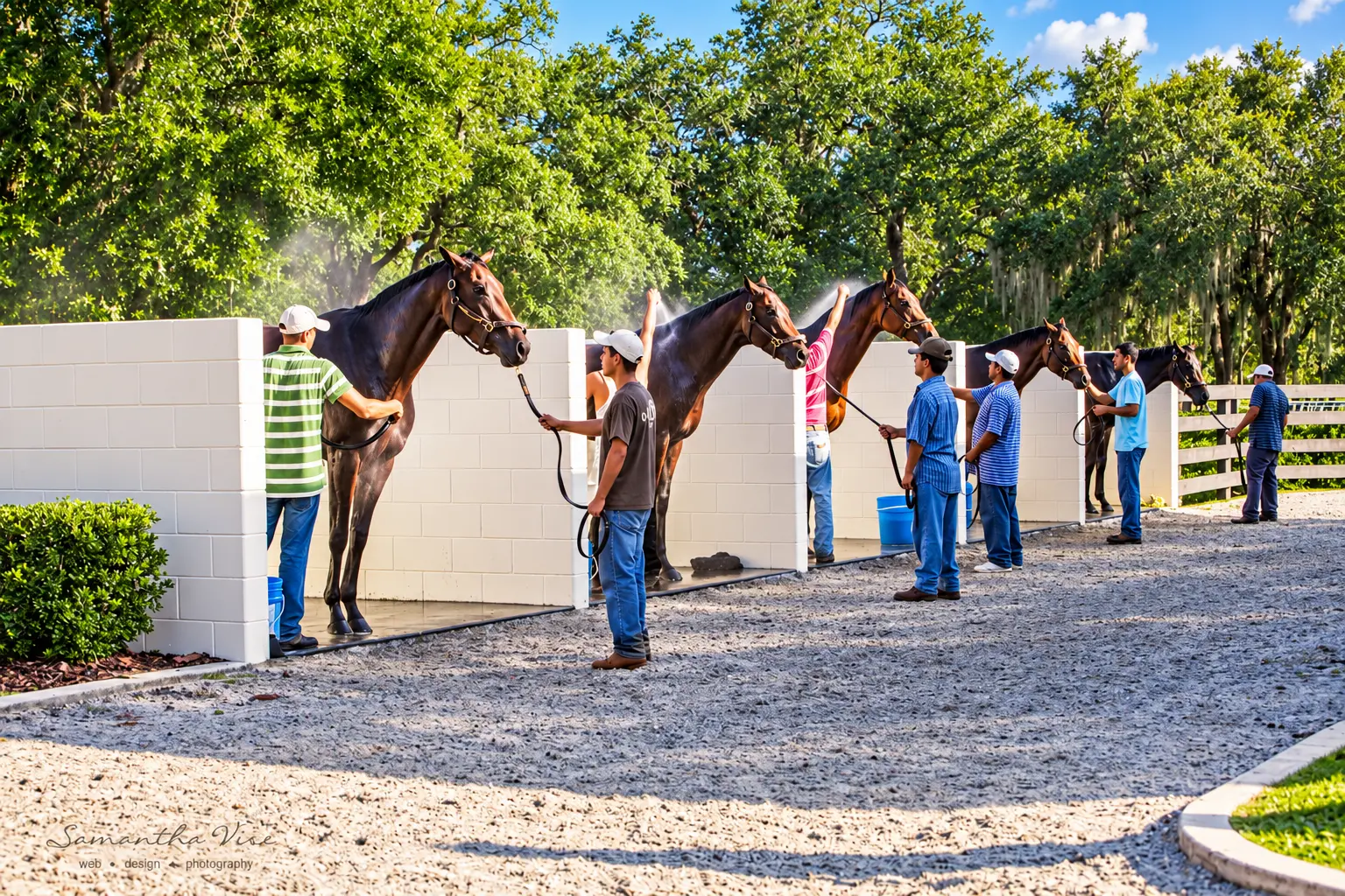 Horses hosed down and groomed at the outdoor wash racks in morning light