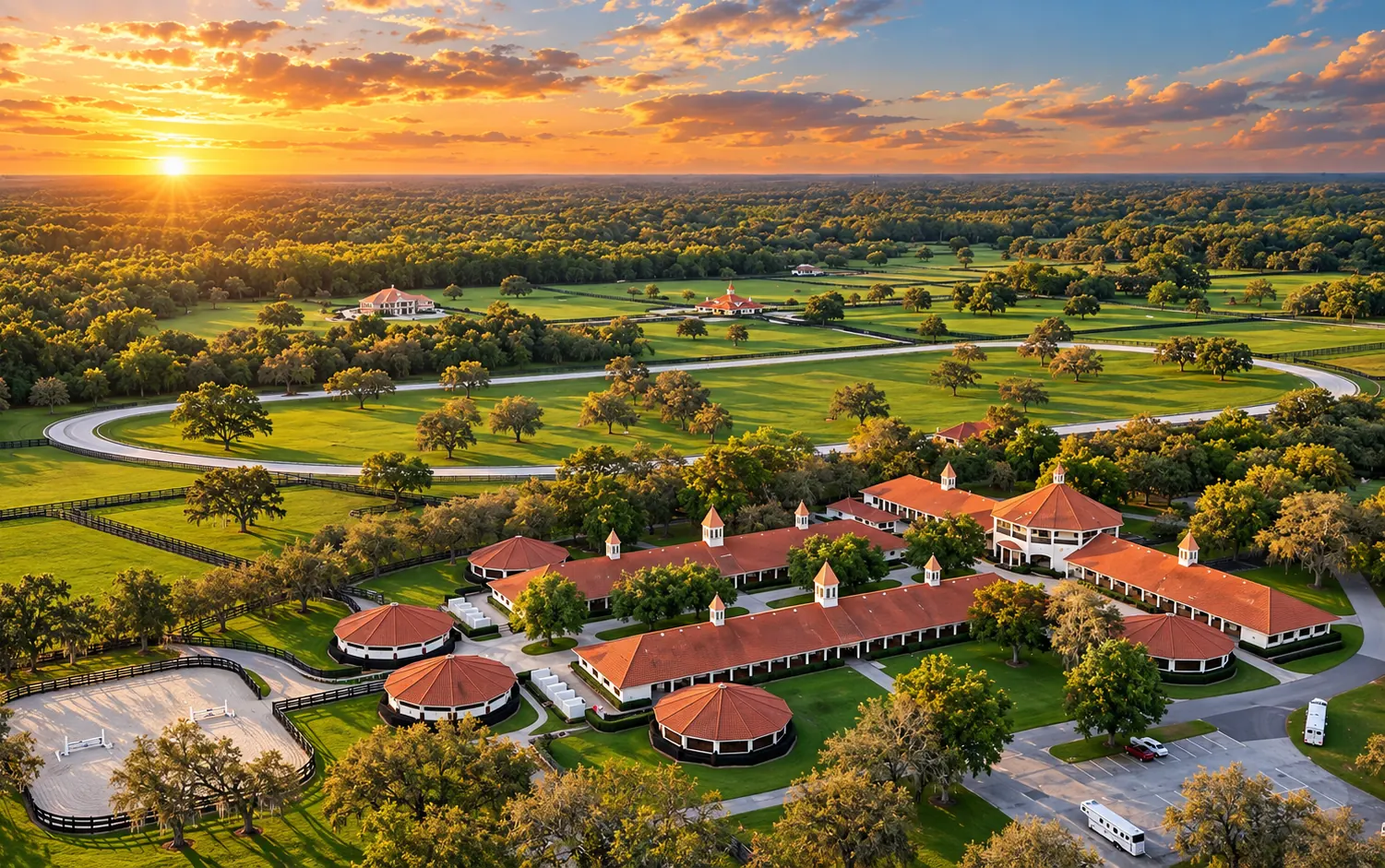A rendered aerial view of the GoldMark training and conditioning complex at golden hour — long red-roofed barn wings crowned with white cupolas, round pens with tiled caps, the looping sand workout track curving through green paddocks, and a sand arena at the near corner, oaks and woodland stretching to a flat horizon