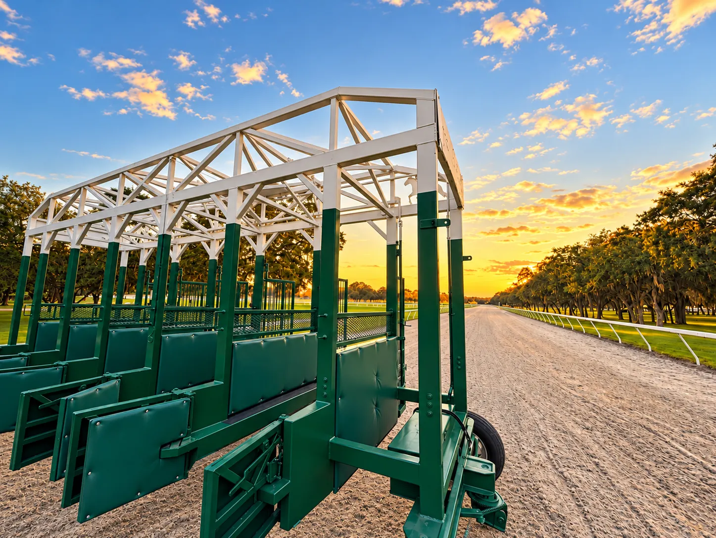 The green and white racing starting gate standing on the sand training track as low sun bursts down the stretch