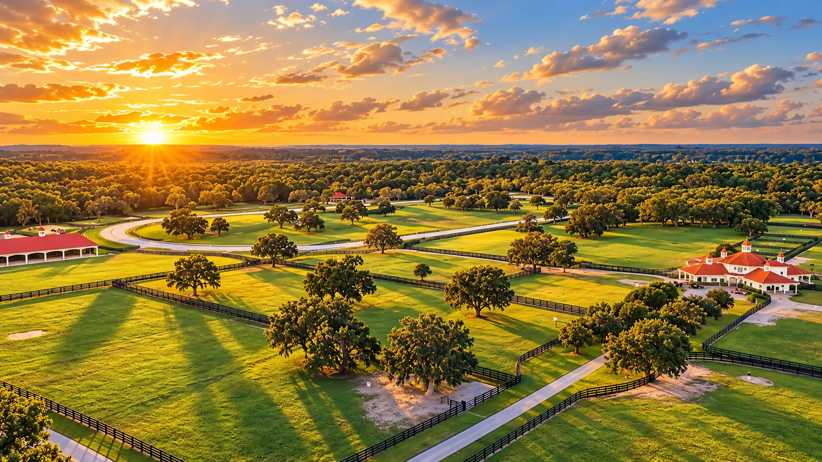 Aerial view of the estate, its paddocks and red-roofed barns at sunset