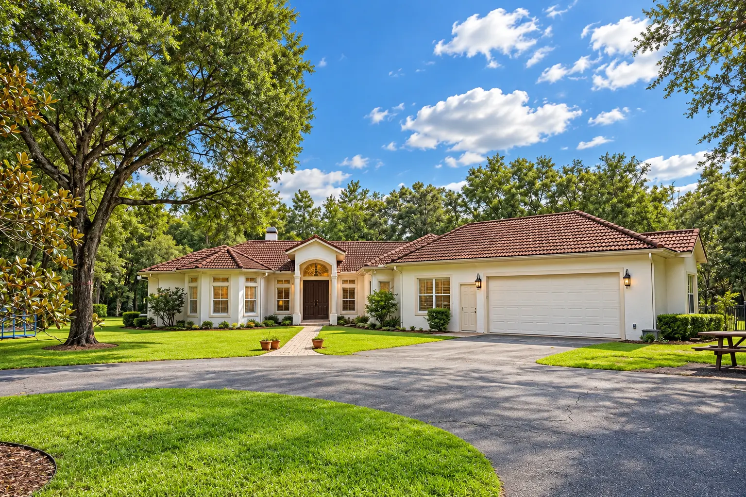 A single-story cream stucco home with a terracotta tile roof, an arched covered entry and a two-car garage, behind a curved driveway and a lawn with a mature shade tree under a bright blue sky