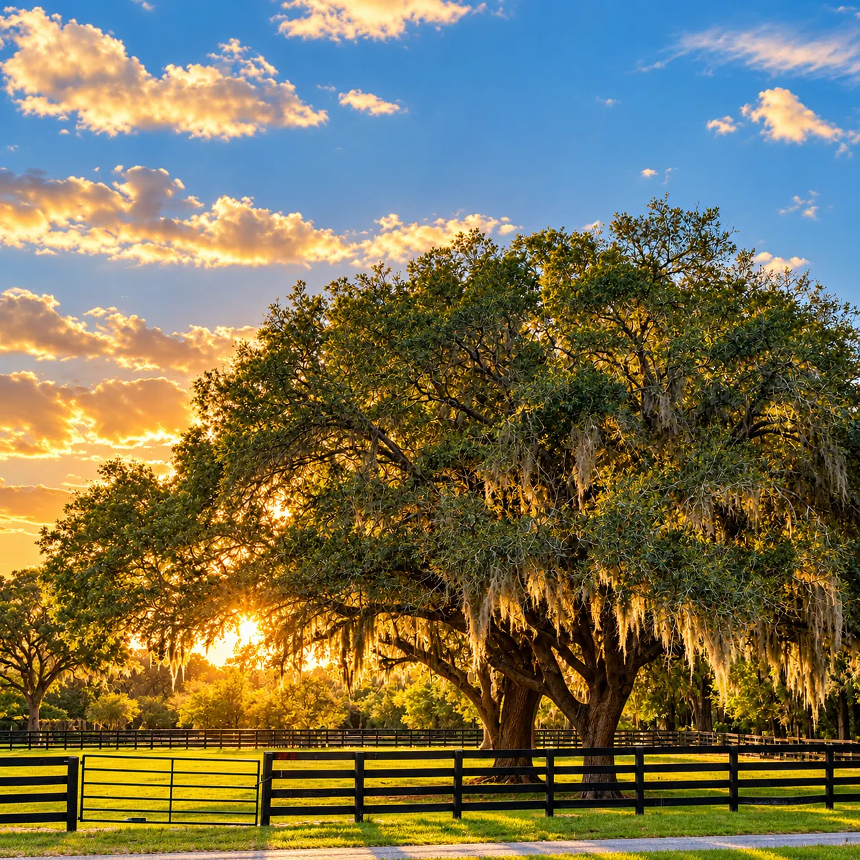 Moss-draped live oak in a grassy paddock framed by dark post-and-rail fencing at sunset