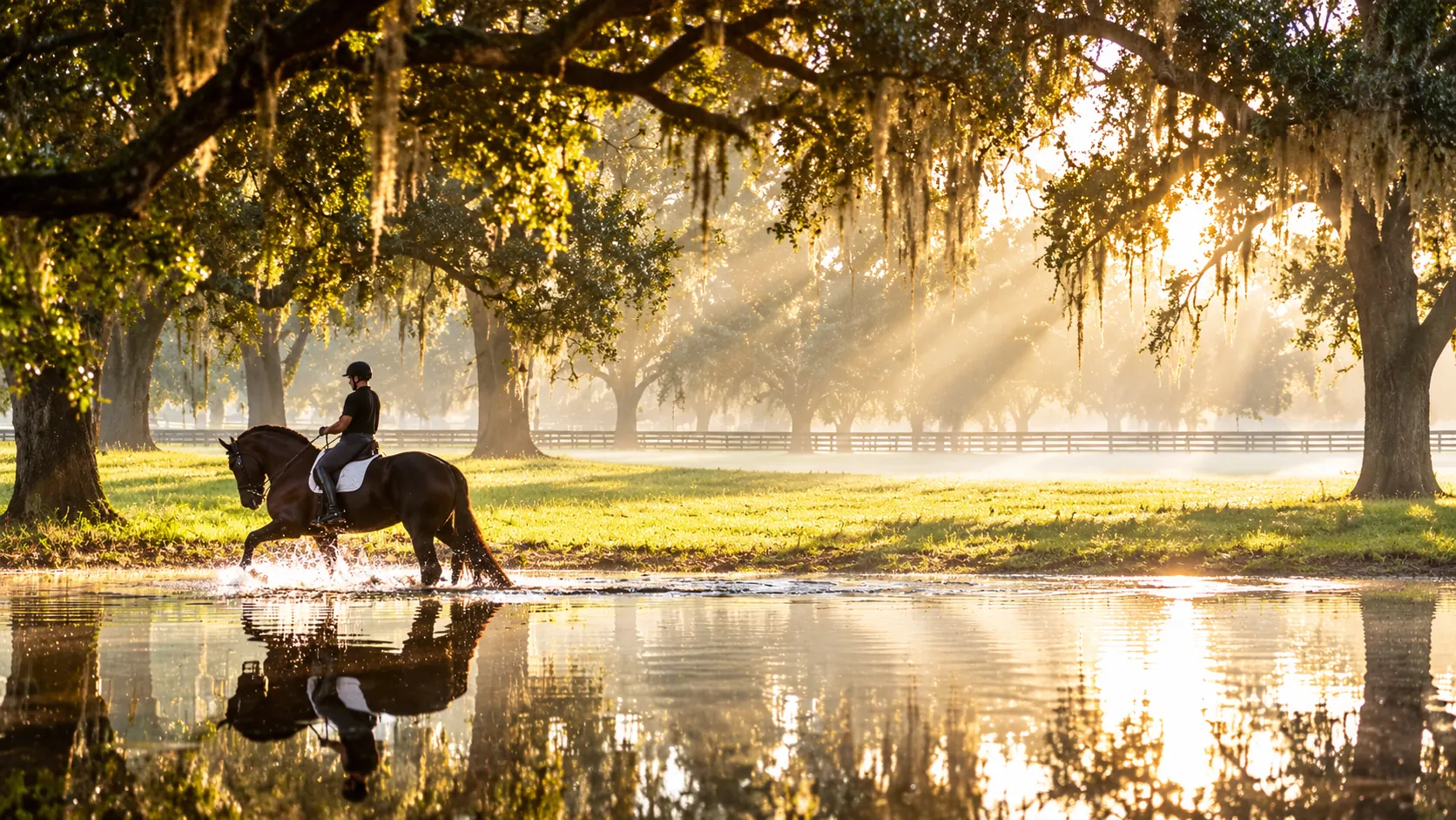 A rider on a dark horse wading through shallow water beneath moss-draped live oaks in golden morning light at GoldMark Farm
