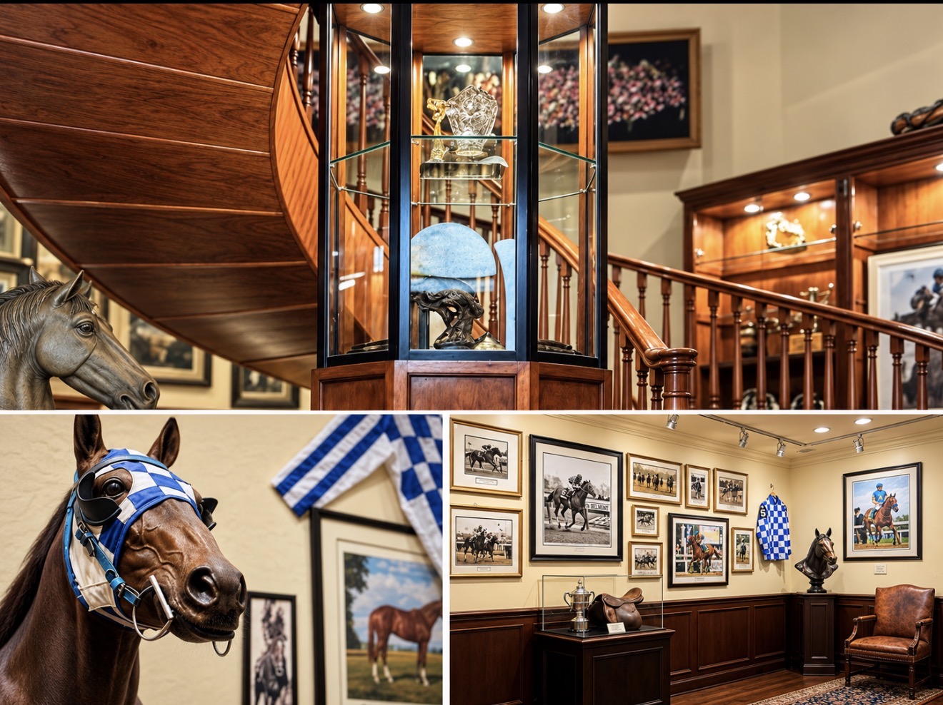 The museum trophy room — a sweeping polished stair with an illuminated display cabinet of trophies, a bronze horse head in racing colors, and framed racehorse portraits above a glass case holding a silver cup and leather saddle