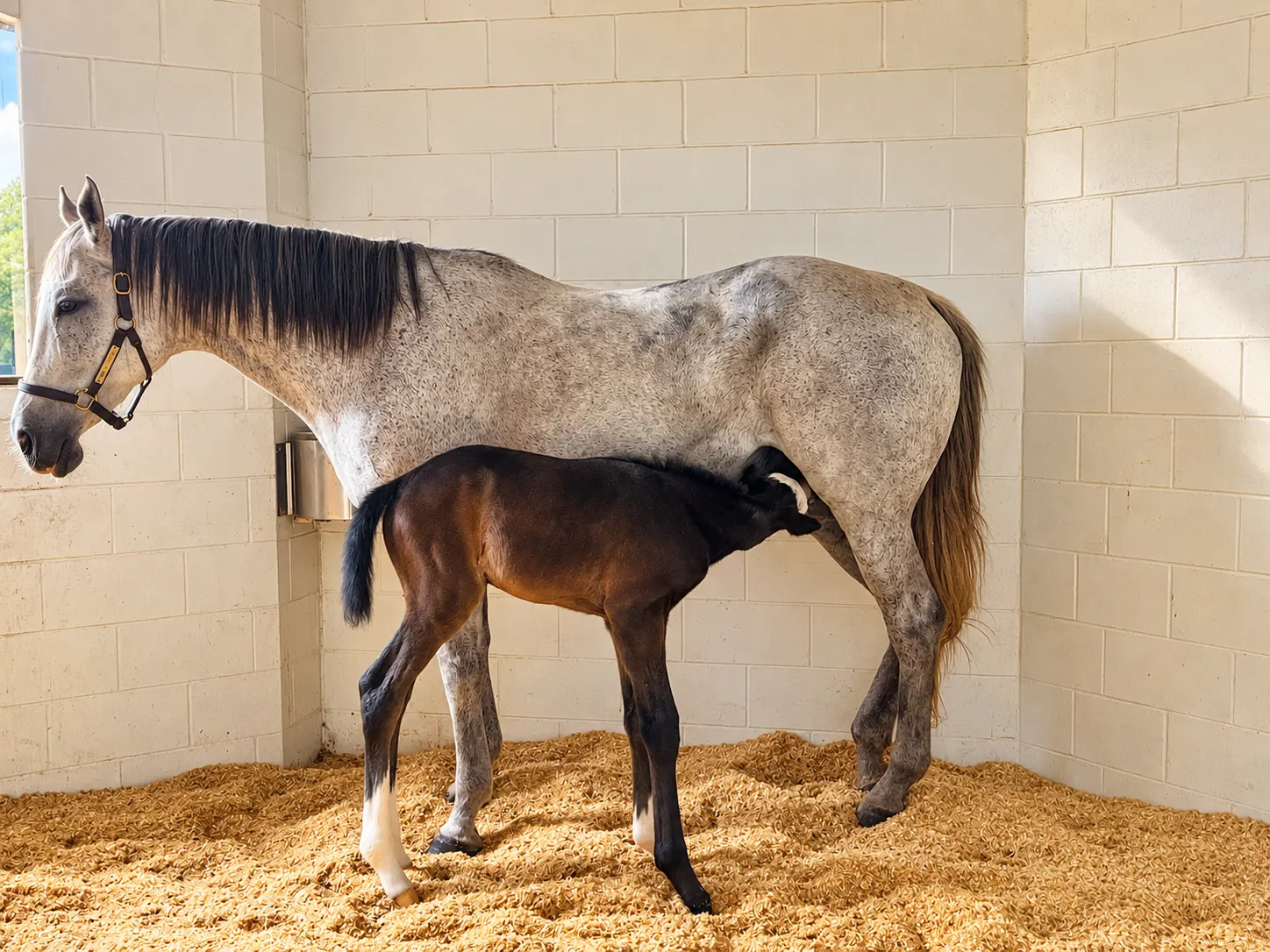 A gray mare nursing her dark foal in a bright masonry foaling stall