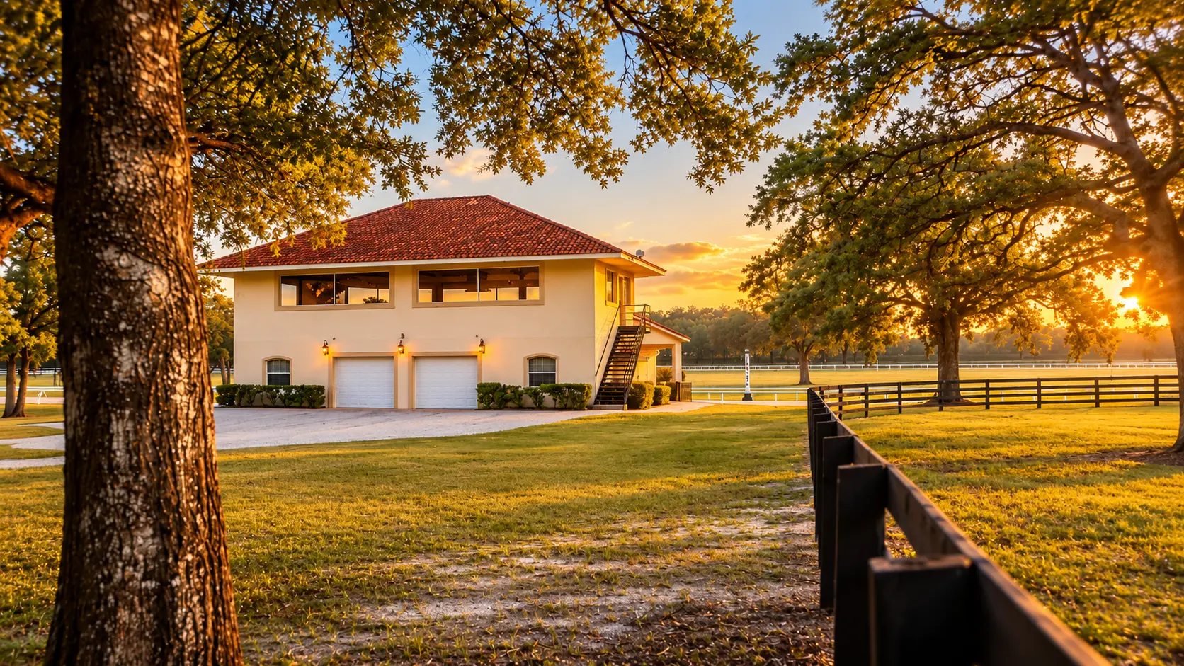 The grand viewing building exterior at golden hour — a two-story red-tile roof with garage doors beside the training track and fenced pasture