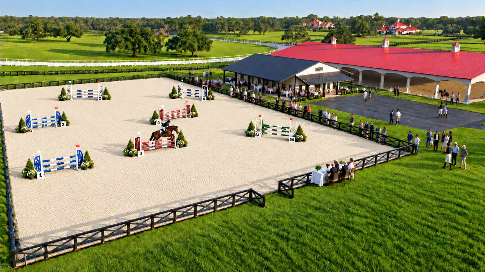 An elevated view of a show jumping round in progress: a horse and rider clearing a red-and-white oxer in a sandy arena marked with numbered jumps, judges seated at a draped table and spectators along the rail, with the red-roofed covered arena and pavilion behind