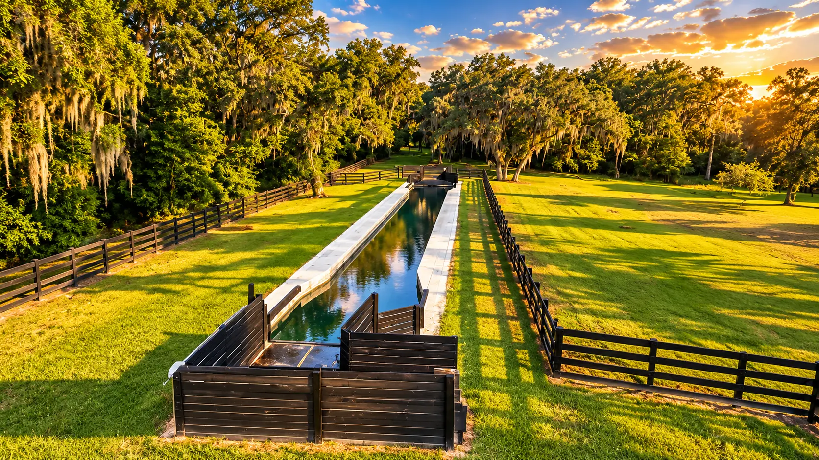 The GoldMark equine pool — the 100-foot swimming lane running between black-fenced walkways beneath moss-draped oaks in golden light