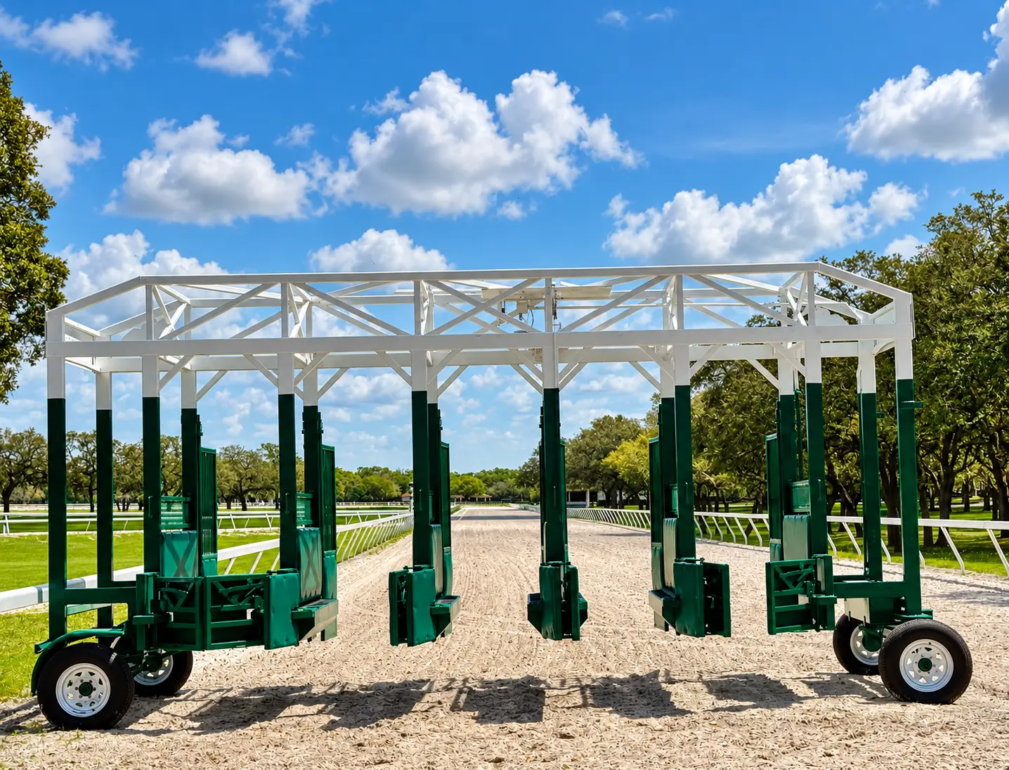 The five-lane starting gate standing open on the training track beneath a blue sky