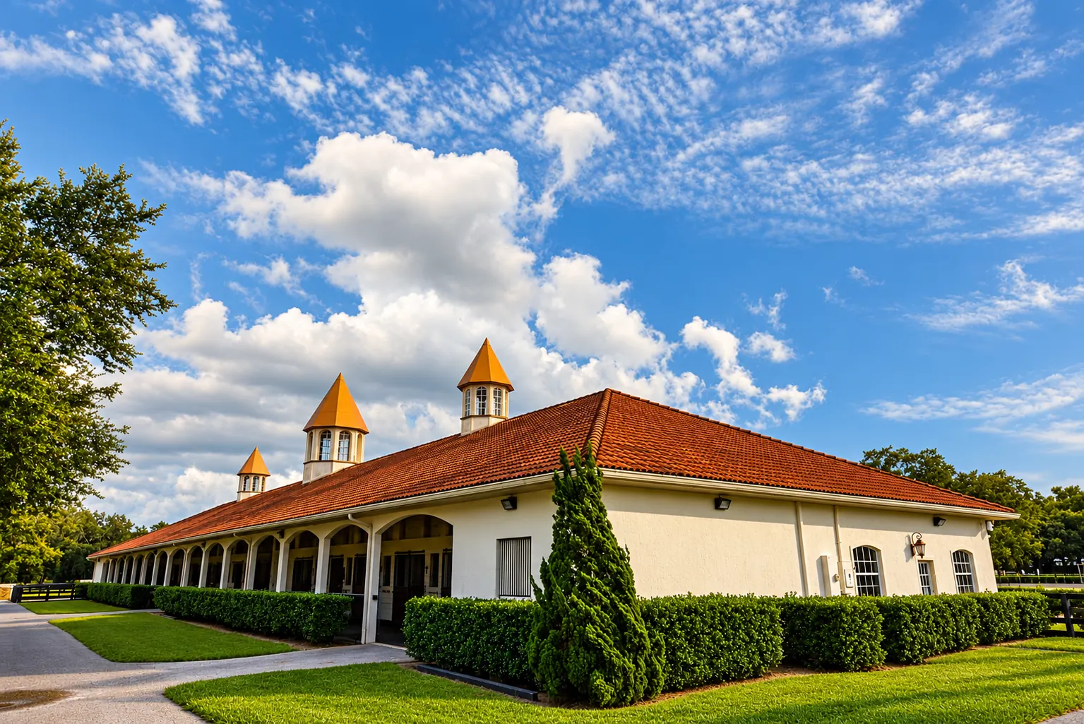 The long barn under a blue sky with three gold cupolas above arched stalls