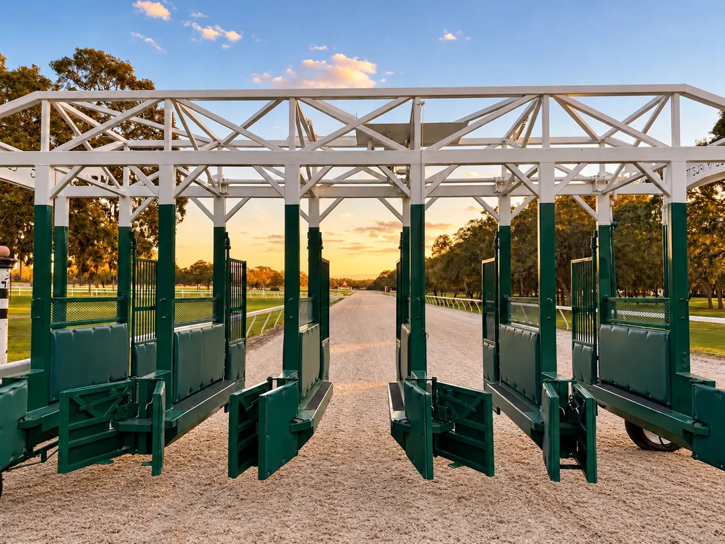 Looking straight down the groomed dirt track through the open stalls of the starting gate as sunset light holds along the horizon