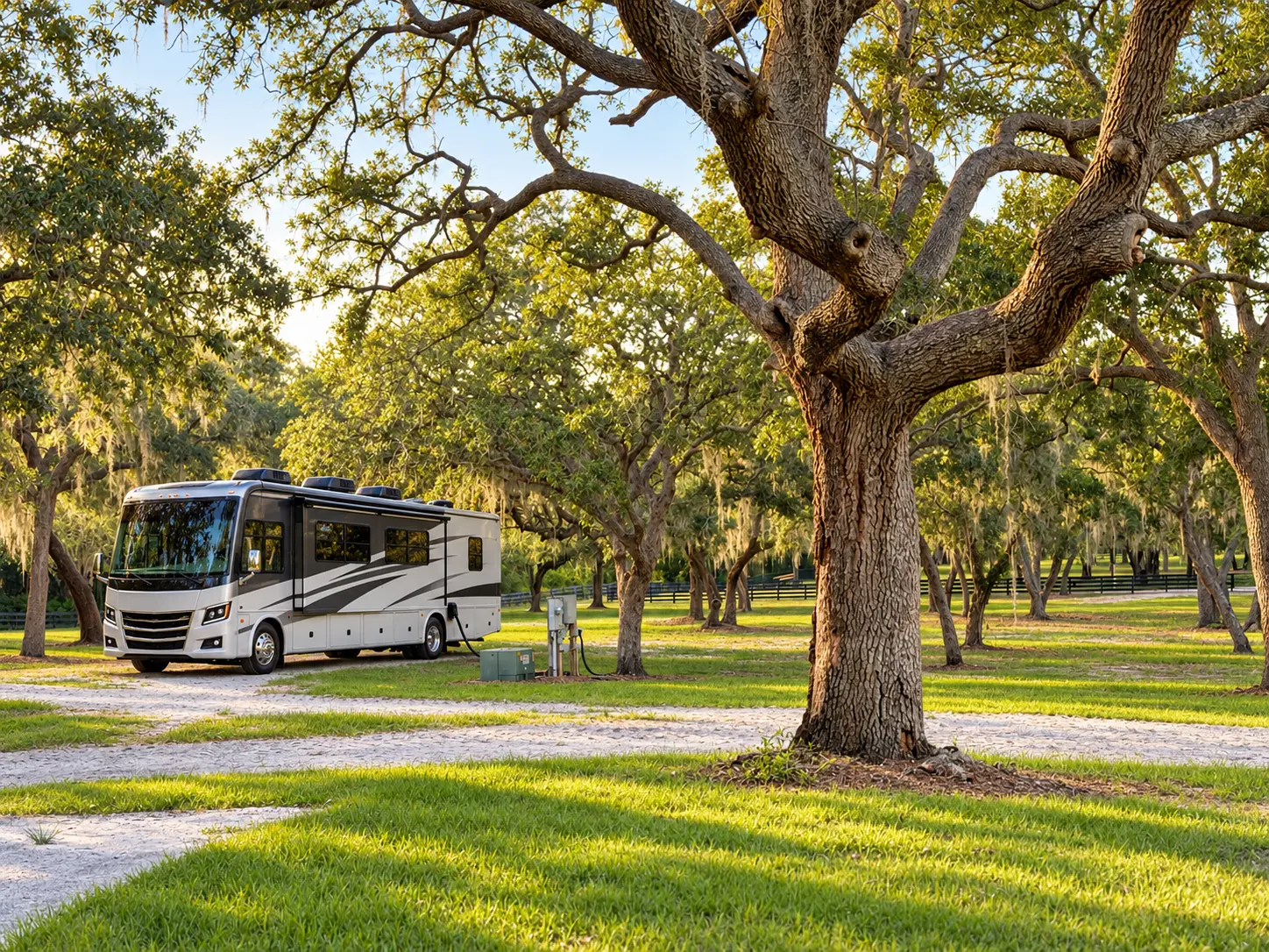 A motorhome parked on a crushed-shell pad beneath a moss-draped live oak, a service pedestal and power cable at its side, and pastures beyond under a post-and-rail fence