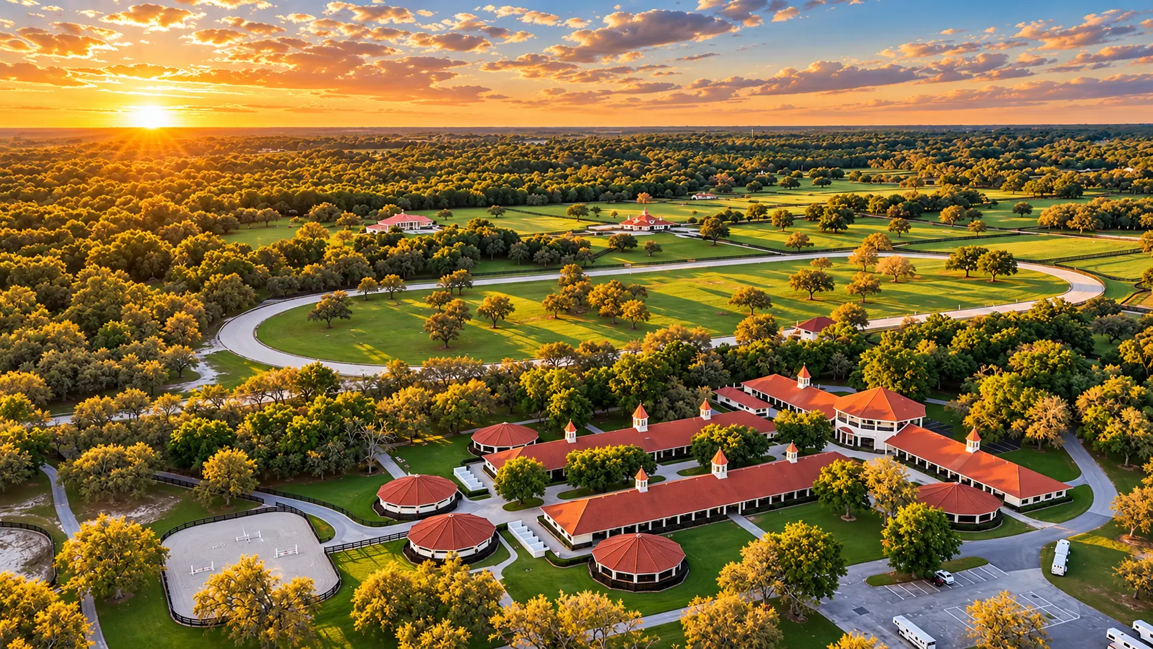 Aerial view at sunset across the GoldMark Farm estate: barns with red-tiled roofs and round pens, a sand arena, the looping workout track and pastures beneath a wide canopy of oaks