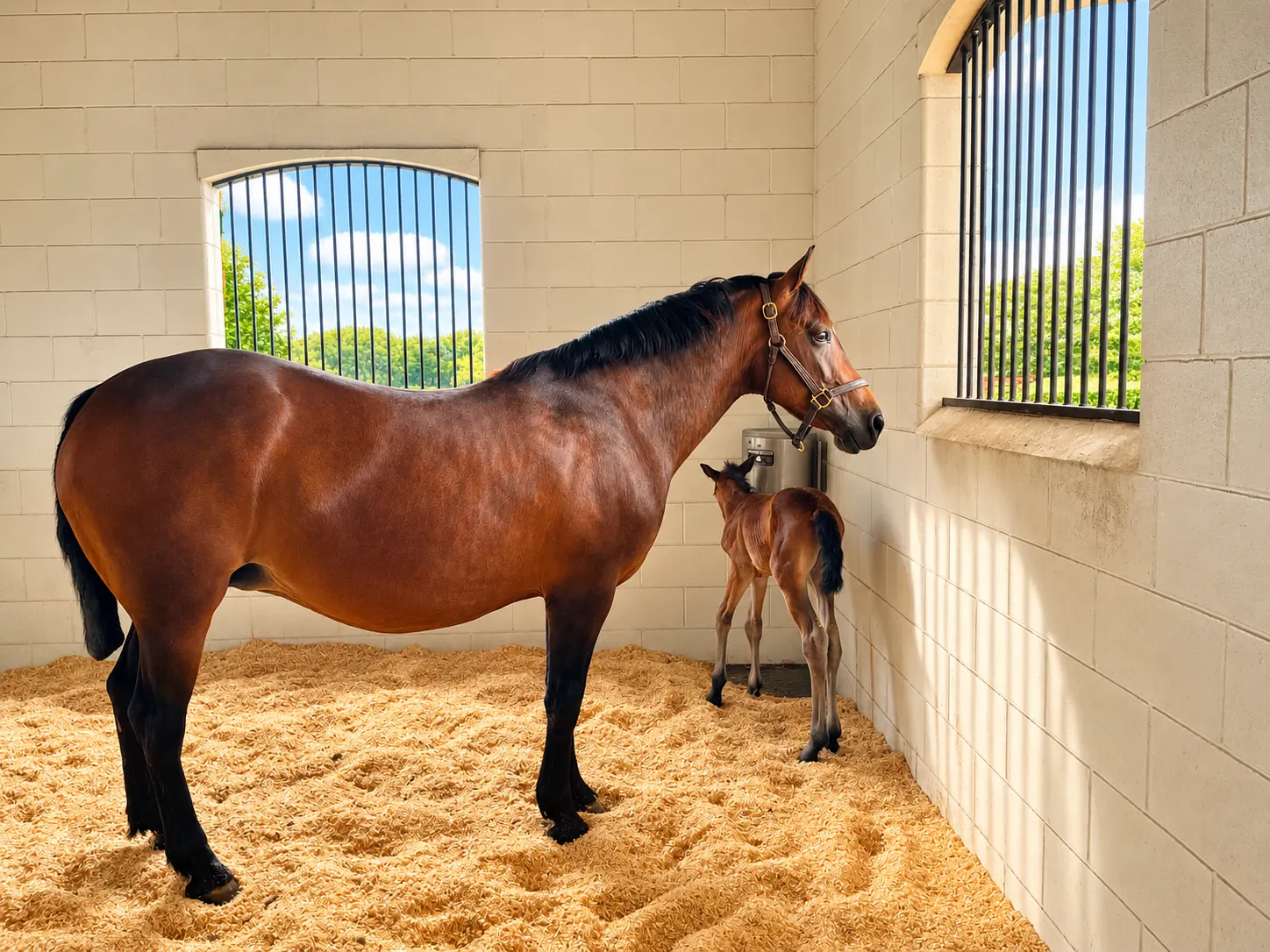 A mare standing beside her foal on fresh shavings inside a sunlit foaling stall