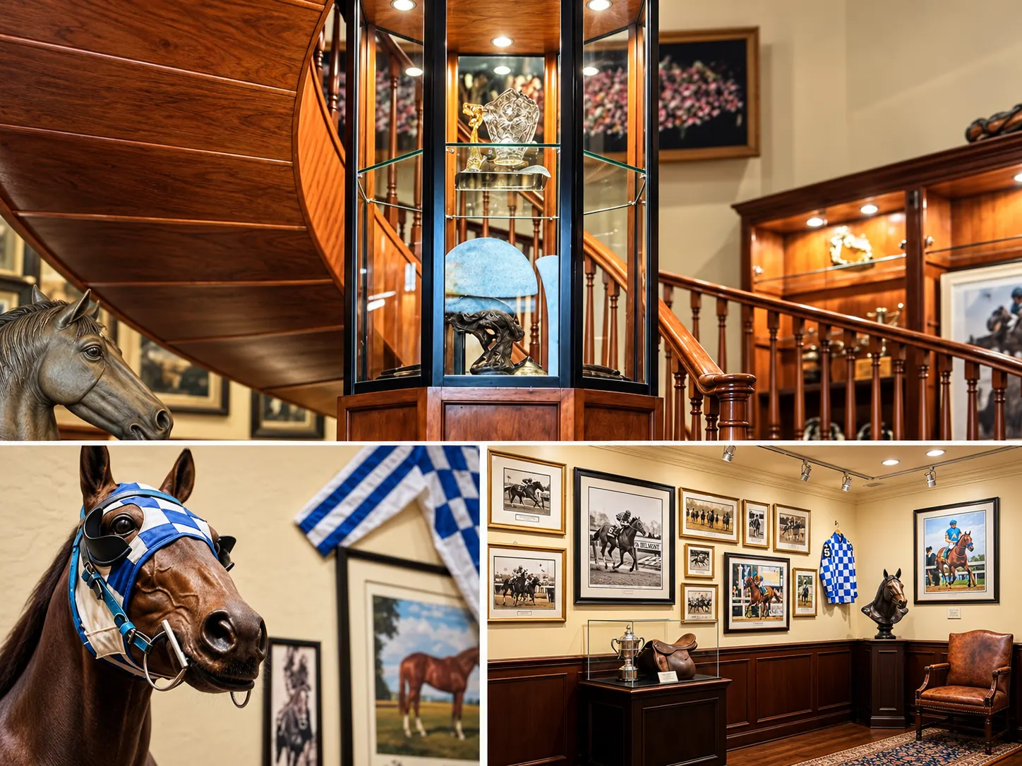 Inside the Triple Crown Museum: a curved staircase beside a lit trophy case, a chestnut horse bust in blue-and-white checkered blinkers, and a gallery of racing photographs and silks.