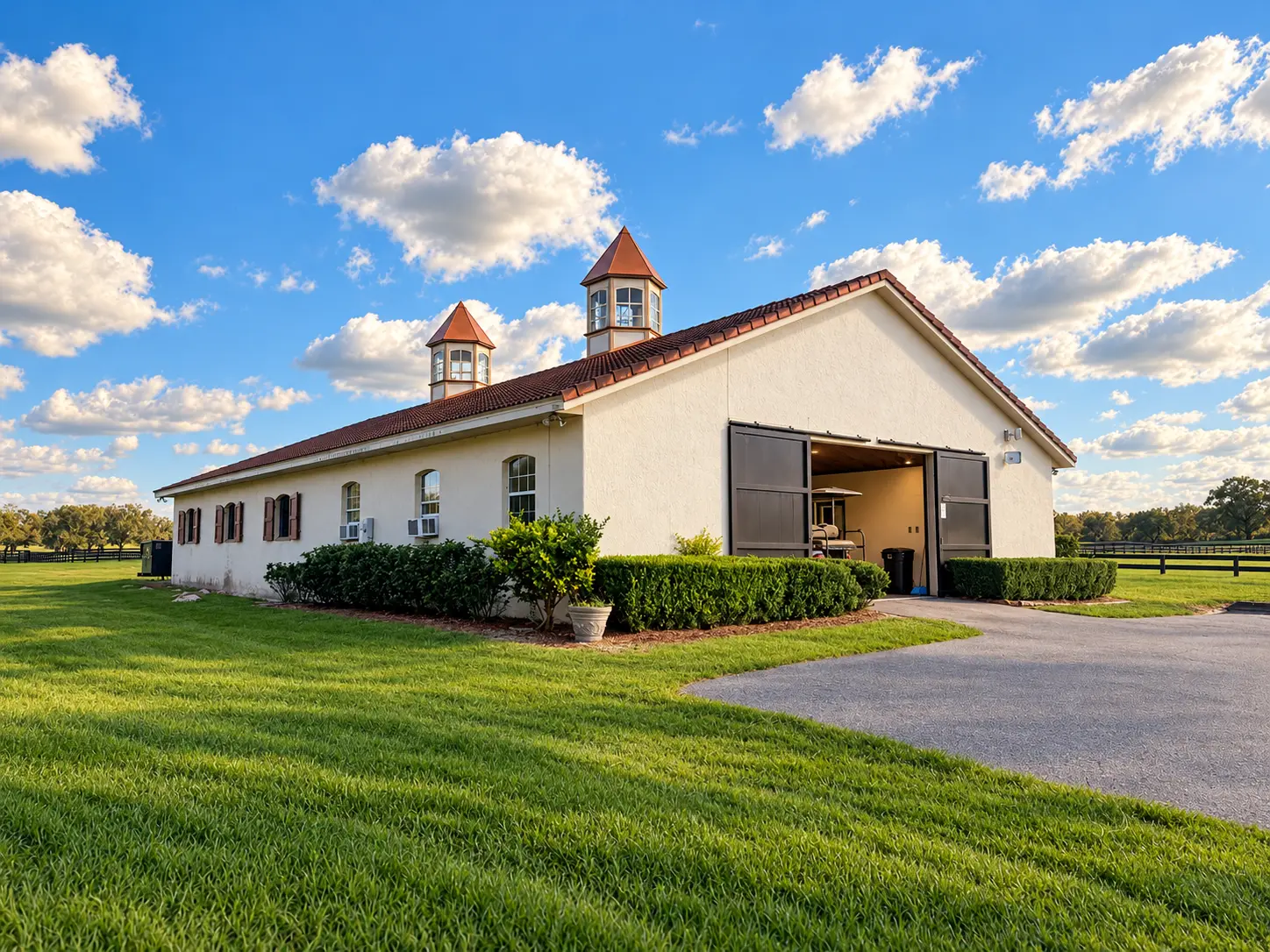 The Tudor Barn at GoldMark Farm seen from the driveway — cream stucco walls, a terracotta tile roof and two copper cupolas, its sliding doors standing open behind trimmed hedges in late-afternoon light