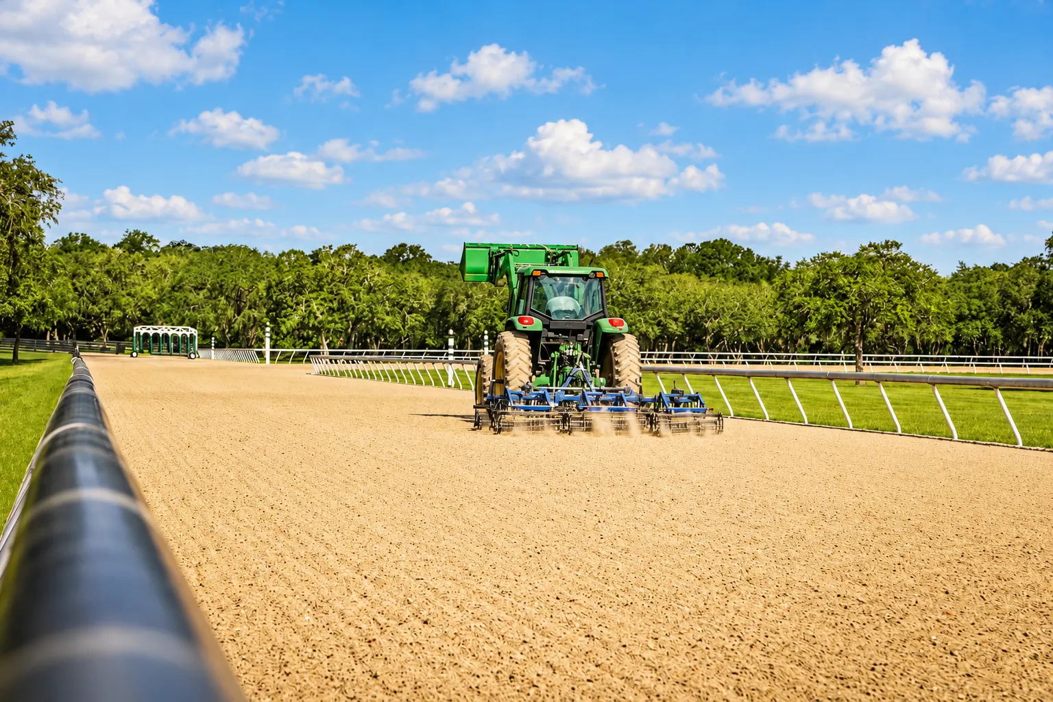 A tractor dragging a harrow across GoldMark’s sand training track, the starting gate standing at the far end