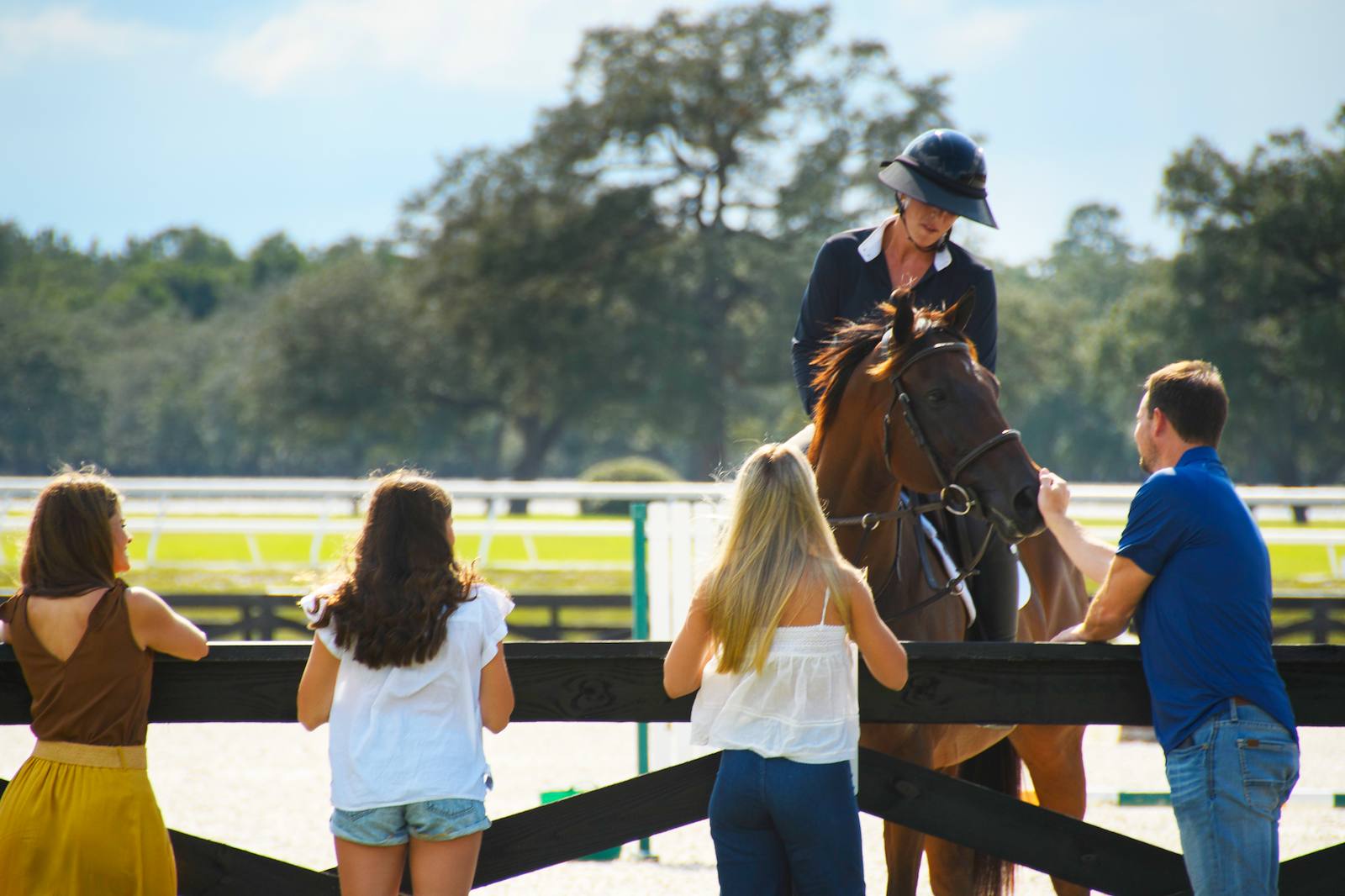 A rider on a bay horse in an outdoor sand arena while spectators at the rail look on, one reaching out to the horse's muzzle, oaks and white paddock rails beyond