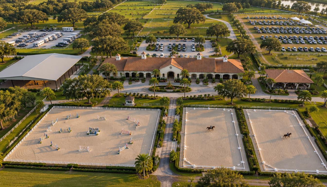 Aerial visualization of the GoldMark jump and dressage grounds — the jump arena, dressage arenas, sports barn, pavilion, covered arena and parking areas