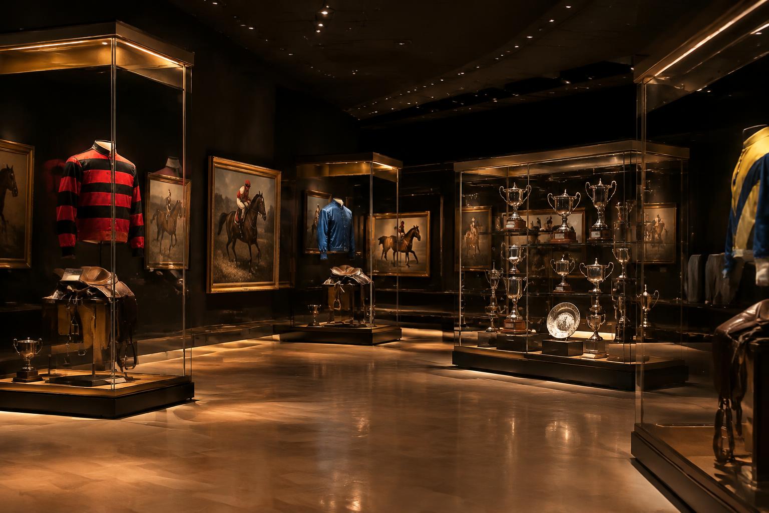 A racing museum gallery with silks, saddles and trophies displayed in glass cases