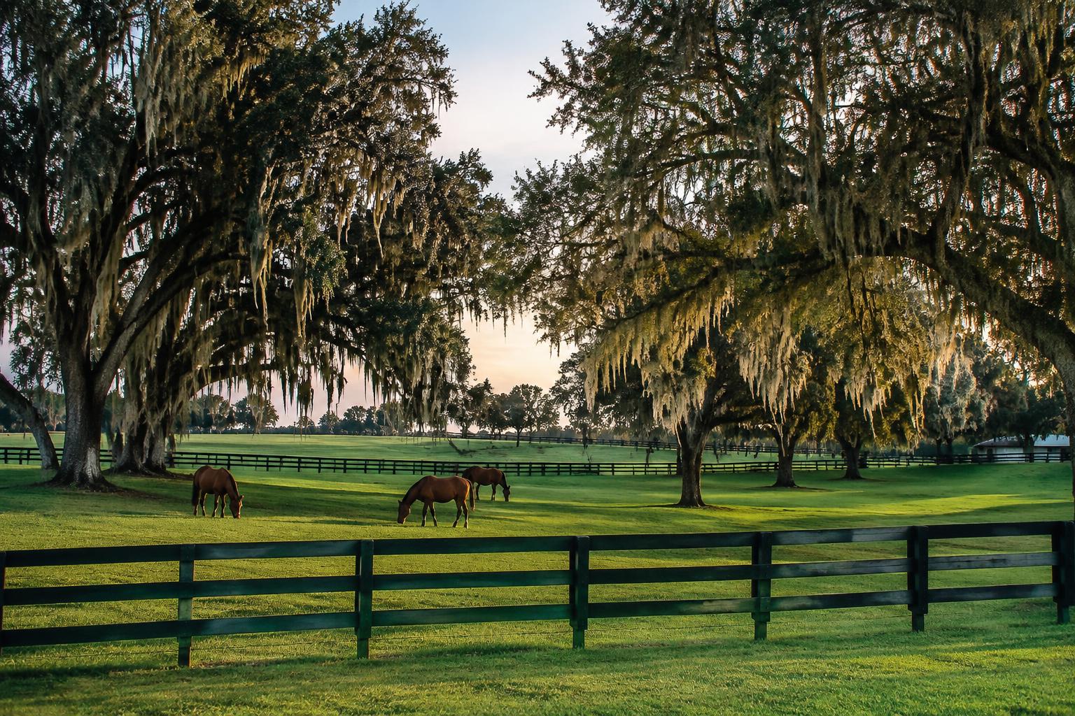 Visualization of horses grazing under live oaks in rolling pastures